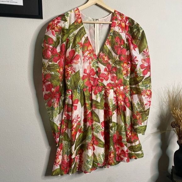 NEW AMUR Dress Floral Tropical Puff Sleeve Mini Dress Red Size 8 - Picture 3 of 9